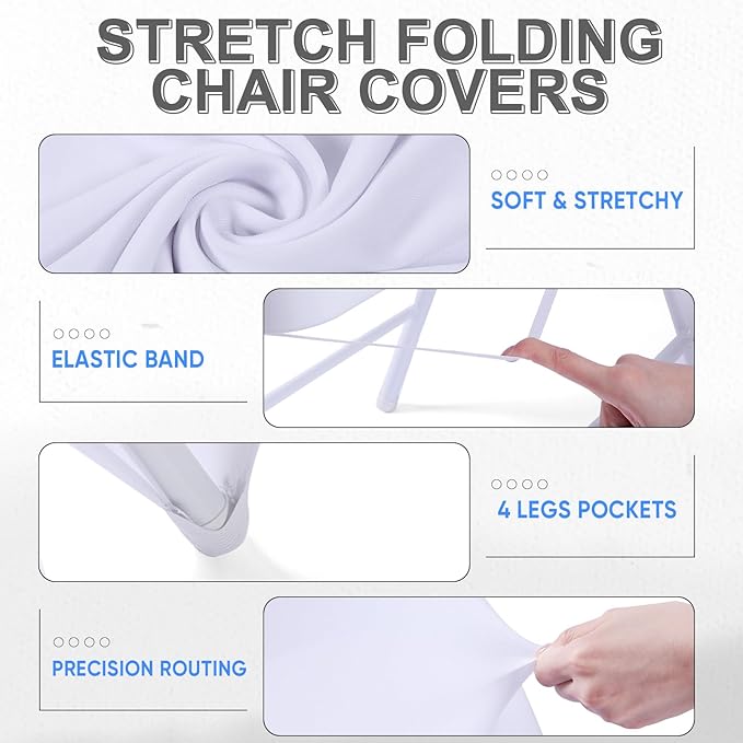 Lounsweer 50 Pcs Folding Chair Cover Set with 25 Stretch Spandex Slipcovers 25 Satin Chair Sashes Bows Ribbon Washable Banquet Protector for Wedding Event Party(White, Sky Blue)