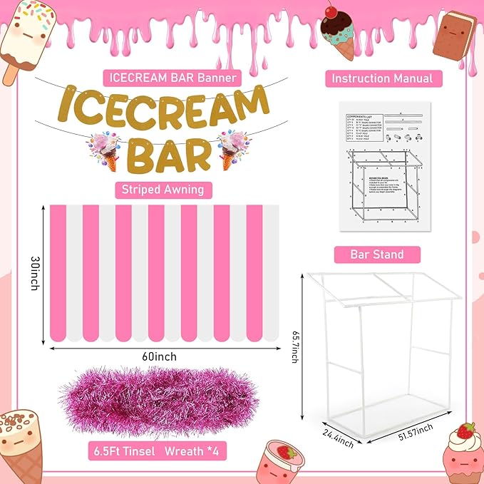 7 Pcs Ice Cream Bar Stand Supplies Ice Cream Bar Cart Party Decoration with 1 Set Plastic Stand 1 Pink and White Sunshade Cloth 4 Pink Tinsel 1 Banner for Icecream Party Supplies Bakery Backdrop