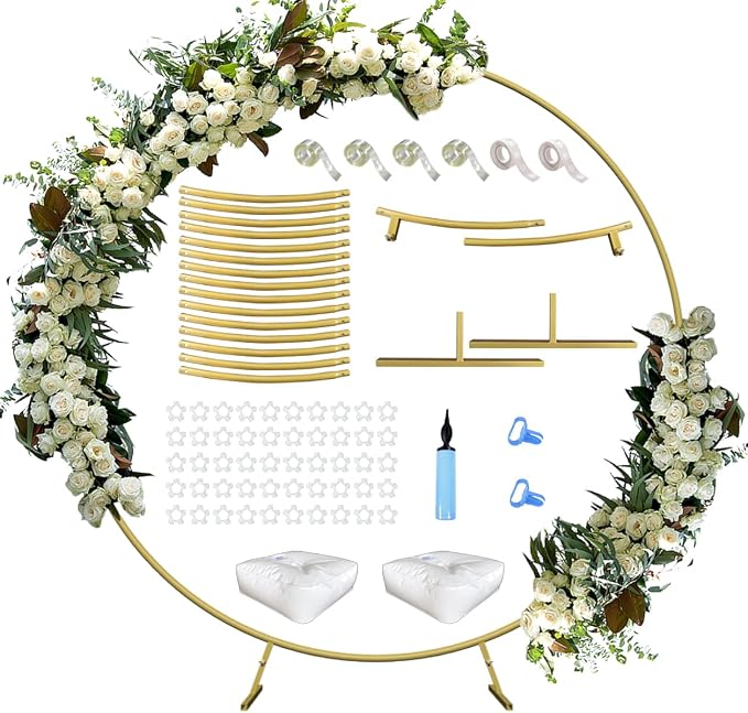 Queension Large Wedding Arch for Ceremony 7 Ft, Metal Balloon Arches Backdrop Stand with Metal Base for Party Supplies, Outdoor Garden Trellis with Water Bag for Climbing Plant, Round Frame, Gold