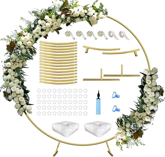 Queension Large Wedding Arch for Ceremony 7 Ft, Metal Balloon Arches Backdrop Stand with Metal Base for Party Supplies, Outdoor Garden Trellis with Water Bag for Climbing Plant, Round Frame, Gold