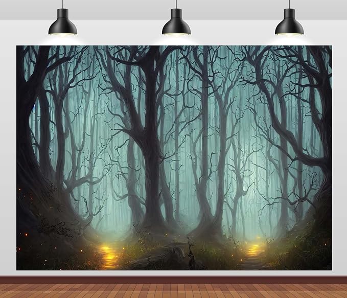 Dark Mystical Forest Backdrop Fabric 7x5ft Creepy Night Foggy Woods Path Gloomy Scene Background for Scary Themed Party Decor Halloween Witch Party Decorations Adults Photoshoot Props