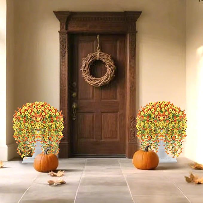 4PCS Artificial Hanging Flowers for Outdoors Summer Decoration, Upgrade UV Resistant Faux Silk Hanging Plants for Outside Home Planter Porch Patio Decor (Orange&Yellow)