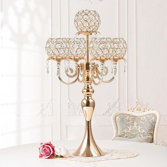 1Pc 22.5 Inch 5-Arm Tea Light Crystal Candle Holder/Candlestick, Exquisite and Gorgeous Crystal Candelabra Table Centerpiece for Wedding/Holiday Events, Parties & Home Decor