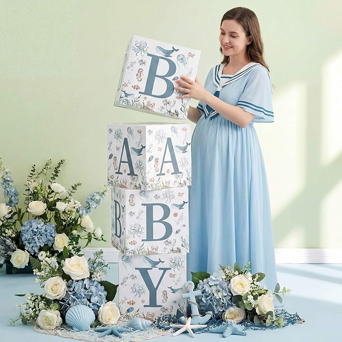 Qunclay 4 Pcs Sea You Soon Baby Shower Decorations Under the Sea Boxes with Letters Stackable for Baby Shower Blue Decorations Gender Reveal Decoration Photo Prop Ocean Animal Nursery Decor