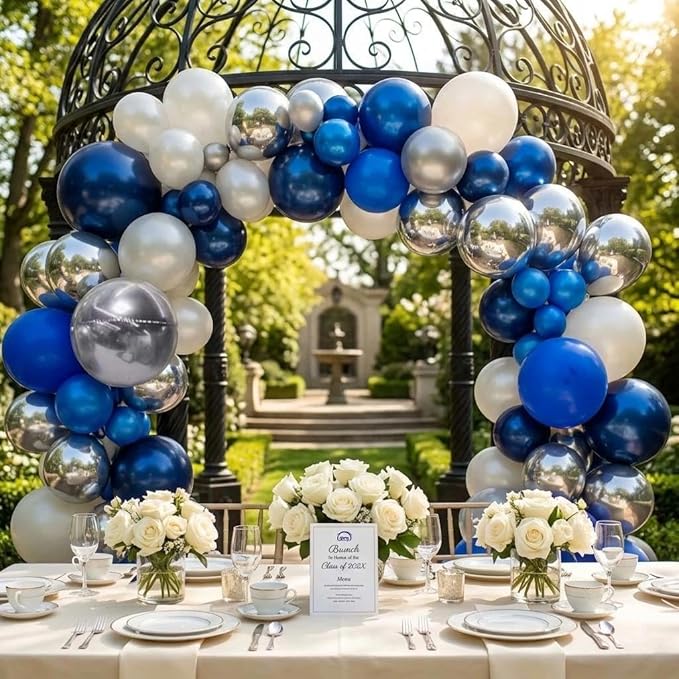 Navy Blue White Balloons Royal Blue Silver Balloon Garland Arch Kit for Birthday Baby Shower Graduation Bridal Shower Business Party Decorations