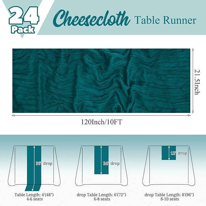 24 Pack Teal Table Runner 10Ft Cheesecloth Table Runner Rustic Gauze Table Runner Romantic Long Sheer Fabric Cheese Cloth Table Runner for Wedding Party Bridal Baby Shower