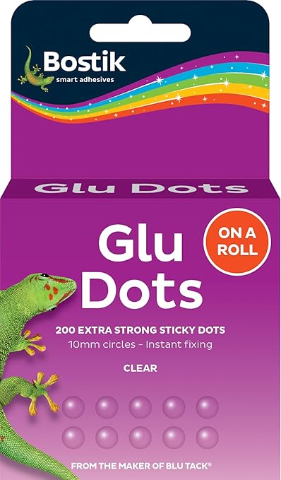 Bostik Glu Dots on a Roll Clear - x 200 Glue Dots - Extra Strong - Double-Sided - for Instant Fixing & Crafts - Easy to Use - No Mess