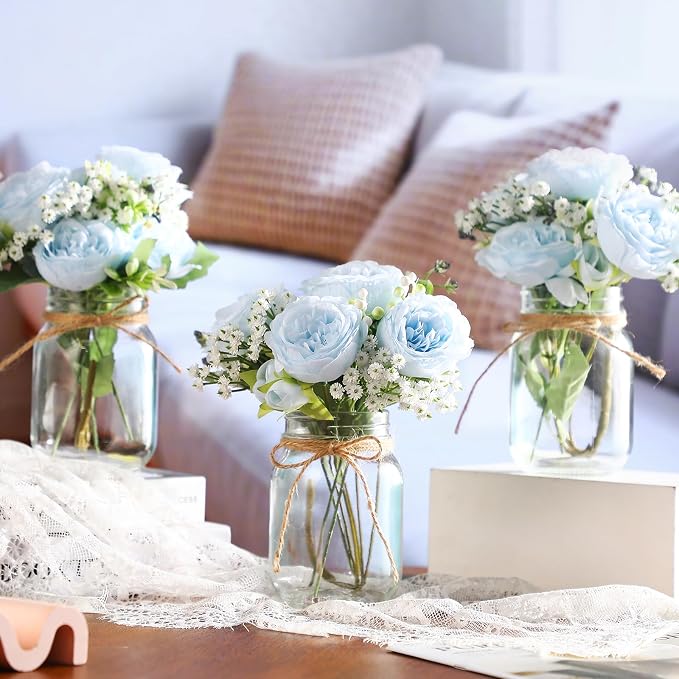 Zeyune 12 Sets Mason Jar Centerpiece Table Decorations, Artificial Peony Baby's Breath Flower Bouquets, Faux Flowers with Vase, Rustic Decor Gifts for Home, Wedding, Holiday (Blue)