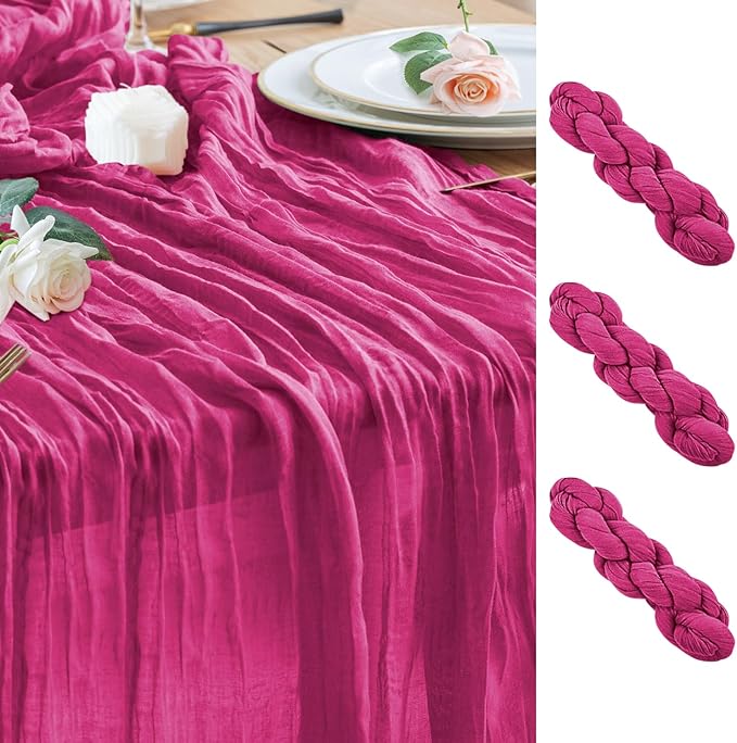 Wokceer Cheesecloth Table Runner 3Pack 10FT Fuchsia Boho Gauze Cheese Cloth Table Runner for Party Long Rustic Sheer Table Runners for Baby Bridal Shower Wedding Easter Table Decor