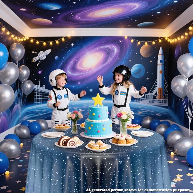 9 Pcs Galaxy Tablecloths, 84 x 84 ''Space Explore Theme Plastic Table Cloth Disposable Use for Kids Outer Space Stars Theme Birthday Decorations