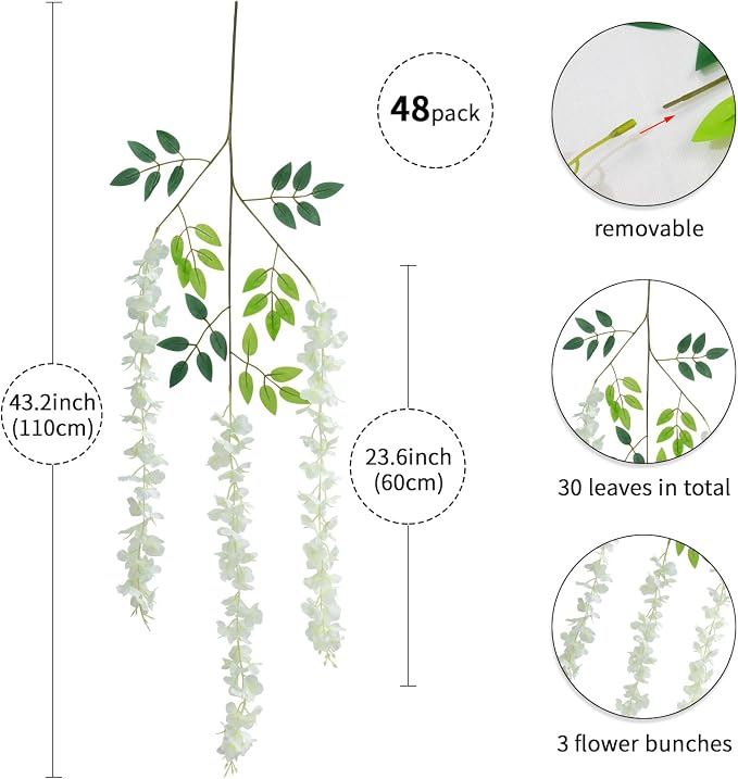48 Pack Artificial Wisteria Hanging Flowers Fake Wisteria Flower Silk Vines Rattan Decor for Home Wedding Arch Wall Garden Greenery Bedroom Outdoor Office Party Decoration (White)