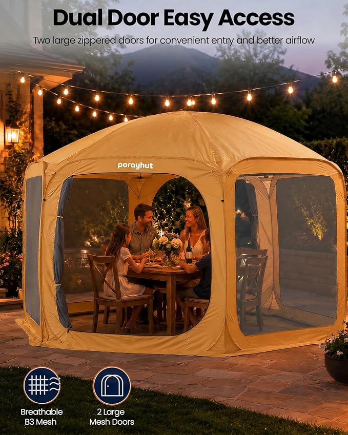 Porayhut Pop up Screen House Tent 12x12FT Sun Shelter with Breathable Mesh Doors,Portable Camping Tent Without Waterproof Floor,Screen Canopy Outdoor for Family Friends Party in Backyard,Park