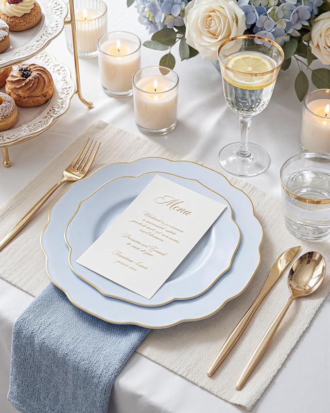 bUCLA 180PCS Blue Plastic Plates - Disposable Light Blue with Gold Rim - Include 30 Each (Dinner & Salad) Plates, 30 Knives, 30 Forks, 30 Spoons, 30 Cups for Party, Party, Birthday & Shower