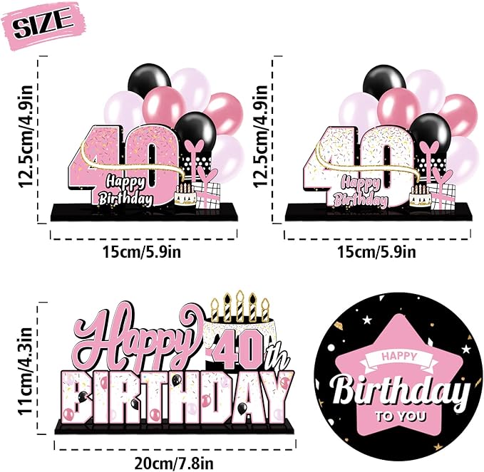 LINGTEER Happy 40th Birthday Pink Acrylic Table Topper Centerpieces Set - Cheers to 40 Years Old Birthday Forty Bday Party Gift Decorations.