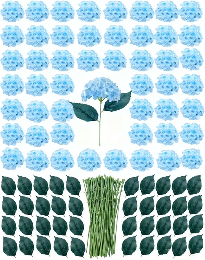 50 Pack Artificial Light Blue Hydrangea Flowers with Leaves, 6 Inch Silk Flower Heads, DIY Mother's Day Wedding Decor Set with 100 Leaves, 50 Stems