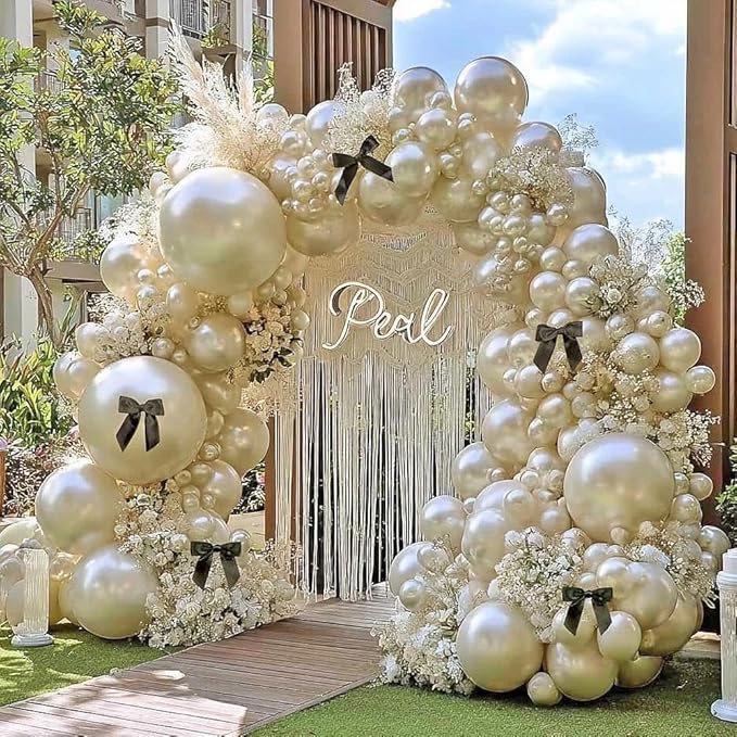 Pearl Sand White Balloon Arch Kit with Black Bow Double Stuffed Pearl Cream Ivory Beige Balloon Garland Different Size 5/12/18 Inch for Bow Birthday Bridal Wedding Baby Shower Coquette Party Decor