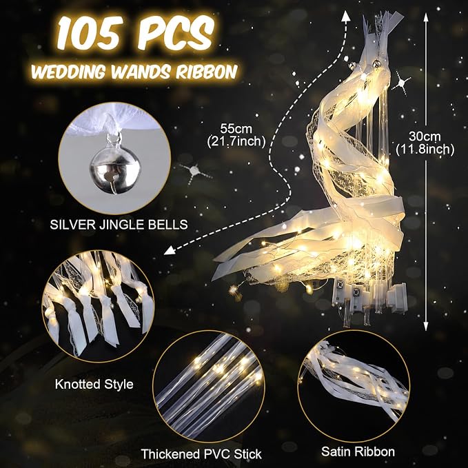 HONLYNE 105 PCS Light Up Wedding Wands, LED Fairy Wand, Wands Streamers with 3 Flashing Modes, LED Silk Fairy Wand with Ribbons, Lace and Bells for Wedding Send Off Ideas, Parties, and Celebrations
