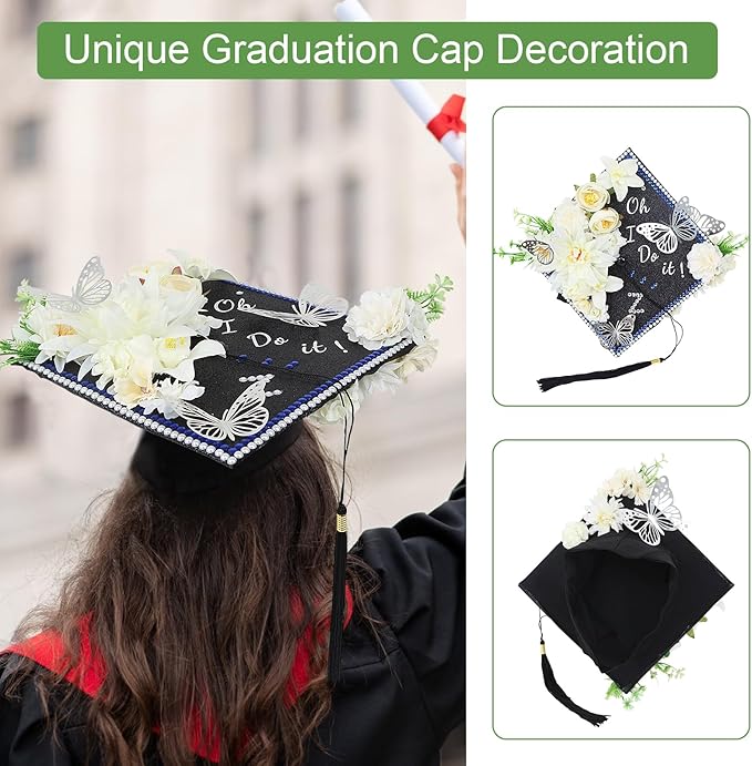 TKNOUS White Flower DIY Graduation Cap Decorations - Artificial Flower Heads, 3D Butterfly & Alphabet Letter Stickers, Glitter Paper for Art DIY Hat Grad Cap Topper