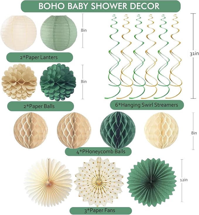 Sage Green Baby Shower Decorations Boys Safari Welcome Baby Sign Olive Green Paper Flowers Honeycomb Balls Lanterns Fans Hanging Swirls Tassel Garlands for Baby Gender Reveal Party Décor
