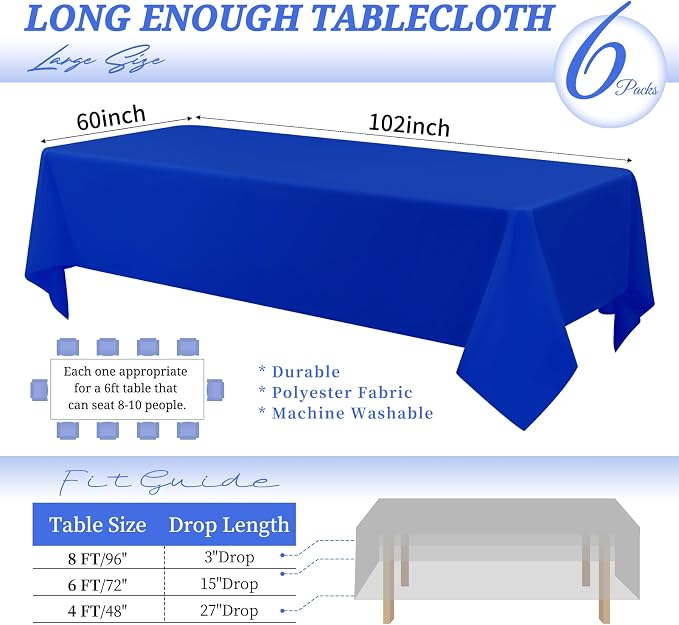 YMHPRIDE 6 Pack Royal Blue Polyester Tablecloths, 60 x 102 inch, Rectangular, Wrinkle Resistant, Machine Washable, Perfect for 6FT Tables, Wedding, Party, Banquet