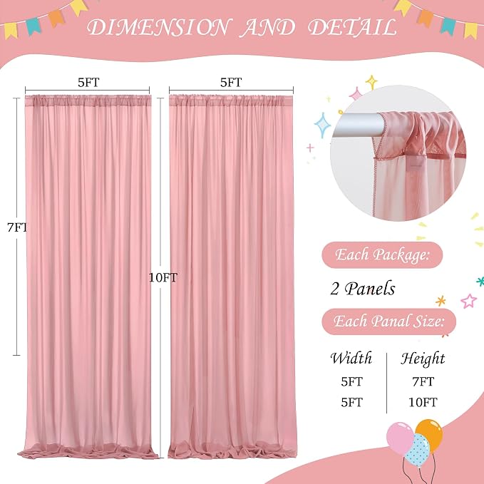 10ft x 10ft Dusty Rose Chiffon Backdrop Curtain with Lights String for Parites Wedding Wrinkle Free Curtain Photo Backdrops Drapes for Baby Shower Birthday Party Home Decorations