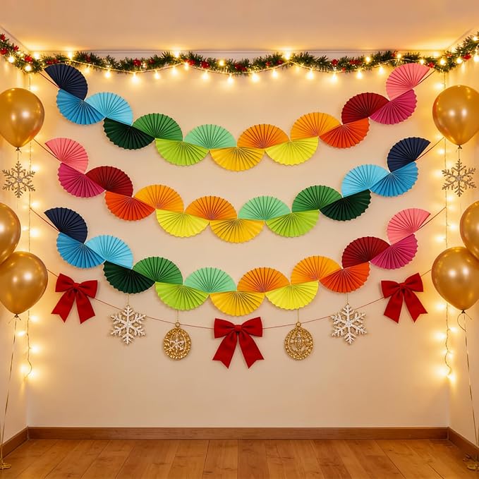 3 Pack Paper Fans Garland, 15.6ft Rainbow 3D Paper Fan Background Ceiling Hanging Decorations for Birthday Party Bachelorette Wedding Party Supplies