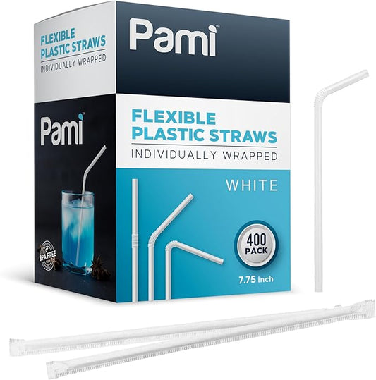 PAMI Flexible Plastic Bent Straws, Individually Wrapped [Pack of 400] - 7.75” White Drinking Straws For Coffee, Cocktails, Drinks- BPA-Free