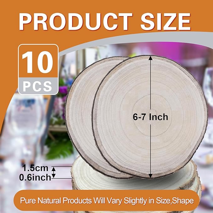 Wood Slices for Centerpieces,Large Wood Slices 10 Pcs 6-7 Inches Natural Paulownia Wood Rounds Natural Wood Slices,Wood Slabs for Weddings Centerpieces Decor and DIY Painting Crafts(6-7 inch 10 Pcs)
