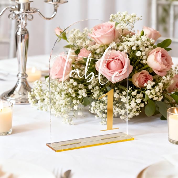 Arch Acrylic Wedding Table Numbers with Gold Font & Stands - 5''x7'' Clear Acrylic Table Number Signs for Wedding Reception, Anniversary, Event & Party Decor (Set 1-20)