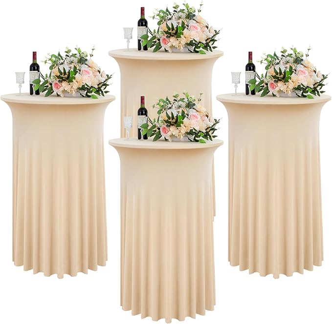4 Pack Ivory High Top Cocktail Tablecloths Round 36inch×43inch, Wrinkle Free Stretch Spandex Cocktail Table Cloth Covers for Party Wedding Banquet Baby Shower Birthday
