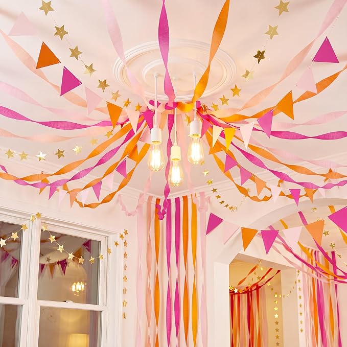 Frienda 14 Pcs Colorful Party Decorations Set 492ft Colorful Crepe Paper Streamers, 52.8ft Gold Star Garlands Backdrop and 4 Pennant Banner Flags for Wedding Birthday Fancy Party Hanging Decorations