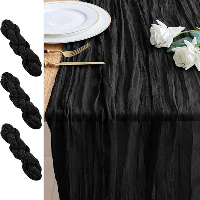 3PCS Table Runner Cheesecloth 10FT Black Boho Gauze Cheese Cloth Rustic Sheer Table Runners for Wedding Birthday Bridal Baby Shower Party Decoration