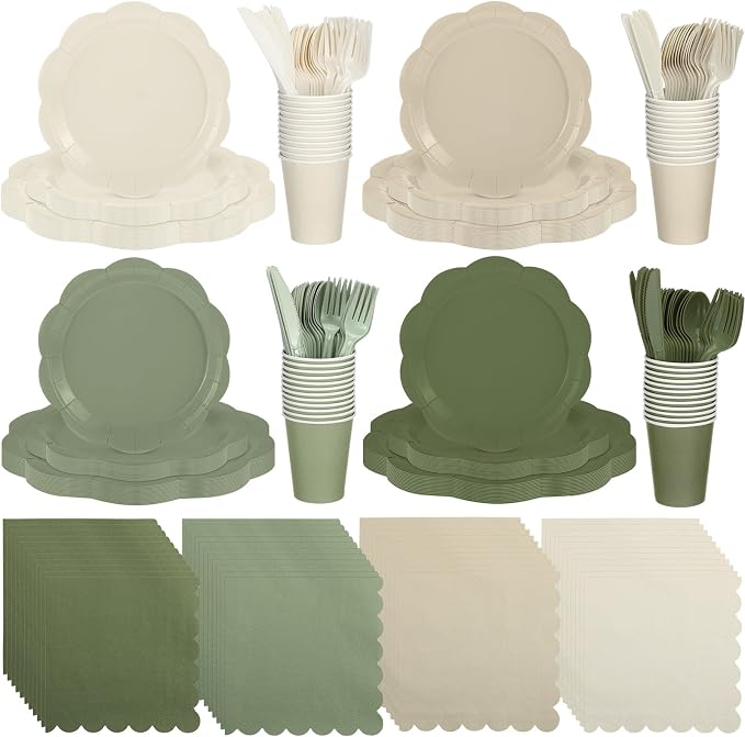 Qinyoung 388 Pcs Sage Green and Beige Plates and Napkins Party Supplies Tableware Include Disposable Scalloped Plate Paper Napkin Cup Plastic Cutlery for Baby Shower Party Wedding Birthday, 48 Sets