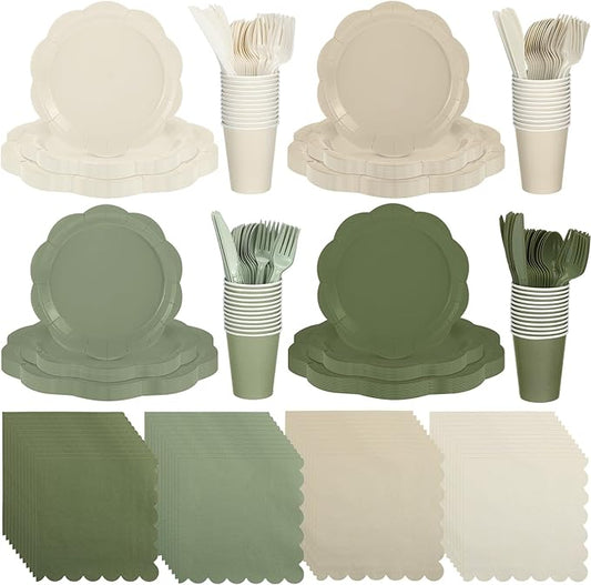 Qinyoung 388 Pcs Sage Green and Beige Plates and Napkins Party Supplies Tableware Include Disposable Scalloped Plate Paper Napkin Cup Plastic Cutlery for Baby Shower Party Wedding Birthday, 48 Sets