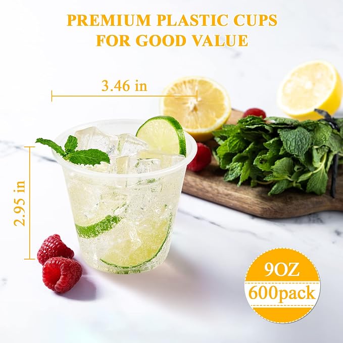 Lilymicky 600 Pack 9 oz Disposable Clear Plastic Cups, 9 Ounce Party Cups for Cocktail, Parties, Picnics, and Events