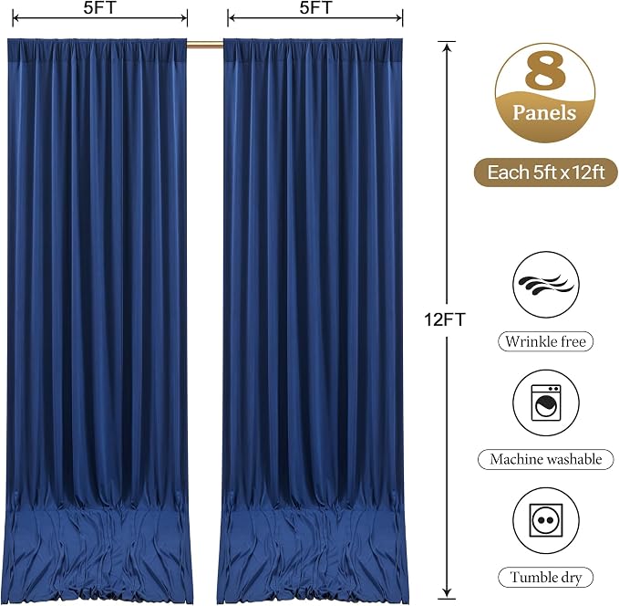 40ftx12ft Wrinkle Free Navy Blue Backdrop Curtain, 8 Panels 12FT Long Wedding Photo Backdrop Drapes, Silky Polyester Back Drop Cloth for Birthday Photography Background Party Backdrop Draping