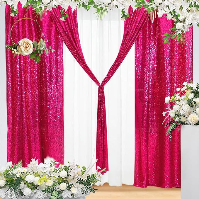 Eternal Beauty Sequin Backdrop Curtains, 2x8 Ft-2 Panels Hot Pink Back Drop for Mother's Day Shimmer Photography Party Wedding Birthday Decor