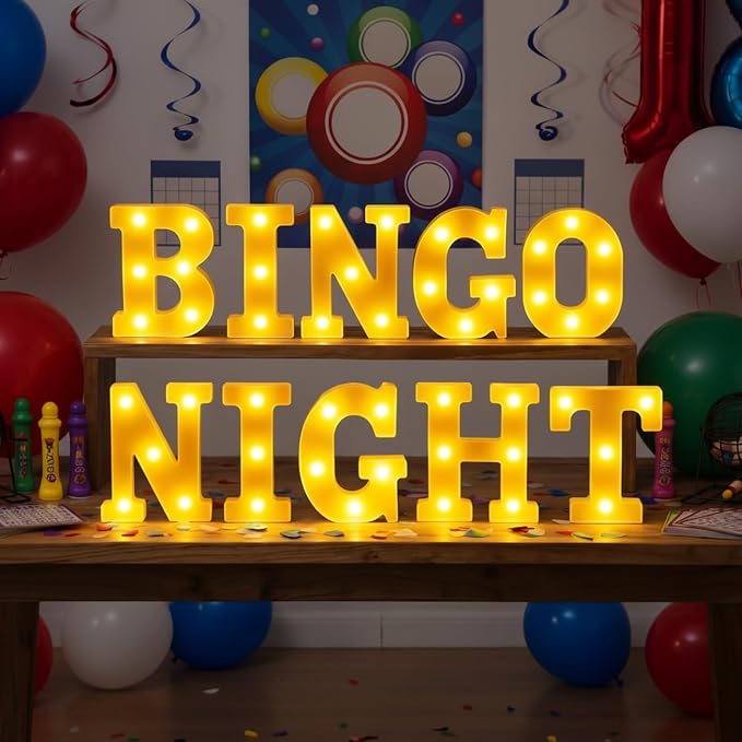 Honoson 10 Pcs Bingo Night Decorations Lights up Sign 6.42 Inch Bingo Theme LED Neon Sign Marquee Lights Supplies for Family Game Night Birthday Party Decor
