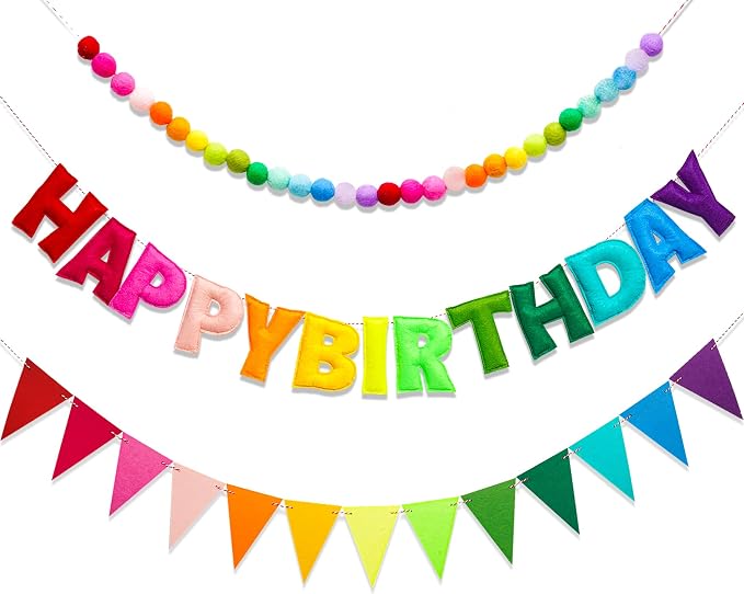 3 Pcs Pre-Strung Reusable Happy Birthday Banner, Handmade Wool Felt Ball Garland, Triangle Flags, Personalized Felt Holiday Sign Pom Pom Garland for Rainbow Party Decorations Fireplace Mantel Wall Window (Birthday Banner + Flags + Rainbow Balls)