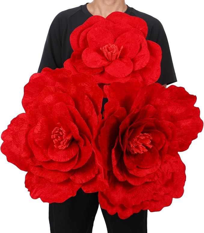 Norme 3 Pcs Giant Flowers for Decoration 12, 16, 20 Inch Large Artificial Red Velvet Rose Petals Giant Flowers Big Paper Red Peony for Wedding Arch Decoration Home Decor Anniversary Birthday