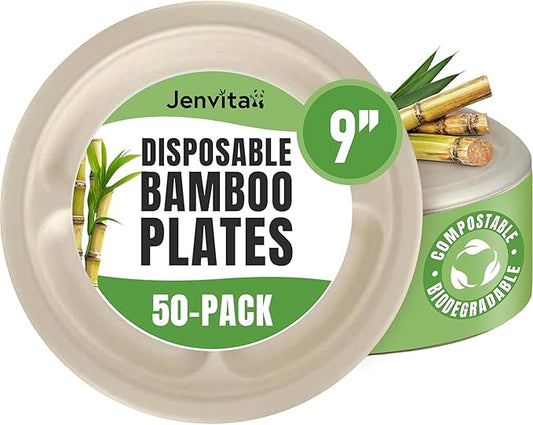 Bamboo Paper Compartment Plates Disposable (50-Pack, 9-inch) - Sturdy & Microwave Safe | Heavy Duty Disposable Plates with Dividers | PFAS Free, Compostable | FSC Certified Plastic Alternative