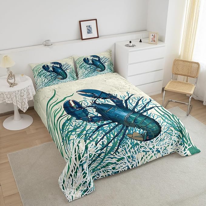 Feelyou Lobster Print Comforter Set Queen Size Kids Ocean Creature Comforter for Boys Girls Teens Marine Theme Bedding Set Underwater Animal Pattern Duvet Set Nature Pattern Quilt