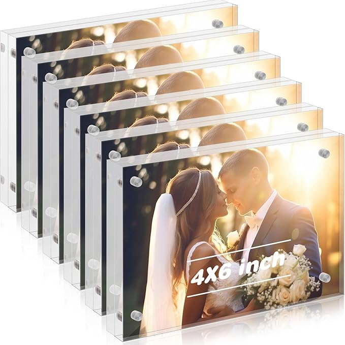 Kigley 6 Pcs 4 x 6 Inch Acrylic Picture Frames, Clear Acrylic Photo Business Card Frame Desktop Display Double Sided Wallet Size Frame Freestanding Frames for Film Photos Cards Stamp