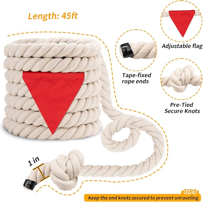 Tug of War Rope for Kids & Adults - 1in x 45ft Soft Cotton Outdoor Pulling Rope with Flag for Team Building Activities Field Day Family Reunions Birthday Parties Camping Games - Beige