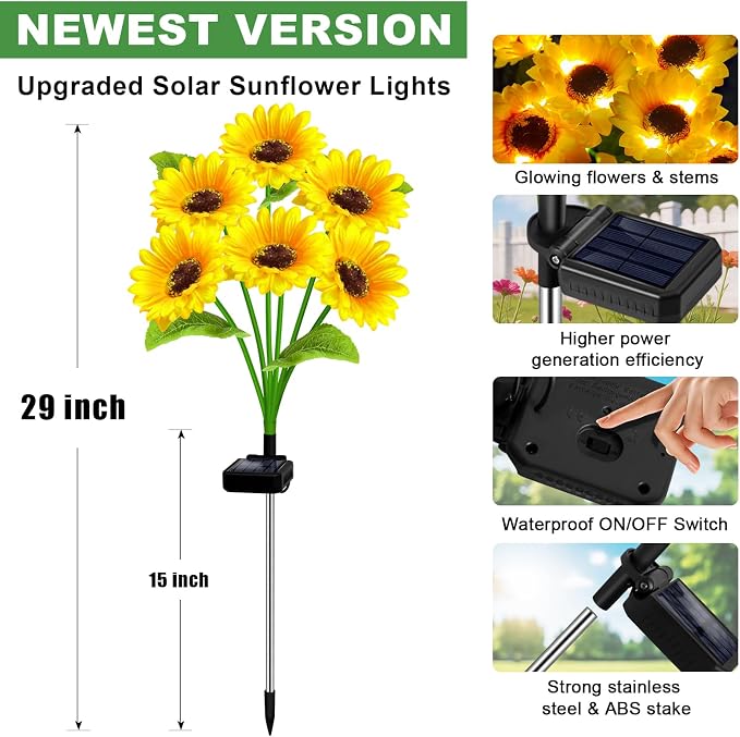Solar Lights Outdoor Garden Decor,4 Pack with 24 Sunflower Lights,Solar Flowers Lights Waterproof,Birthday Gifts for Mom Women Grandma,Outside Decorative Stakes Light for Landscape Yard Patio Lawn