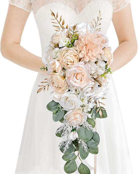 Wedding Bouquets for Bride, Champagne Cascading Bridal Bouquet Artificial Flowers，9.8 Inch Bride Bouquets for Wedding Decoration, Boho Ceremony,Church, Anniversary Decor