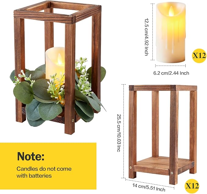 24 Pcs/12 Set Wooden Wedding Lantern Centerpiece Include 12 Lantern Candle Holder 12 Flameless LED Candle for Rustic Wedding Table Party Baby Shower Farmhouse Decor(No Wreathes)