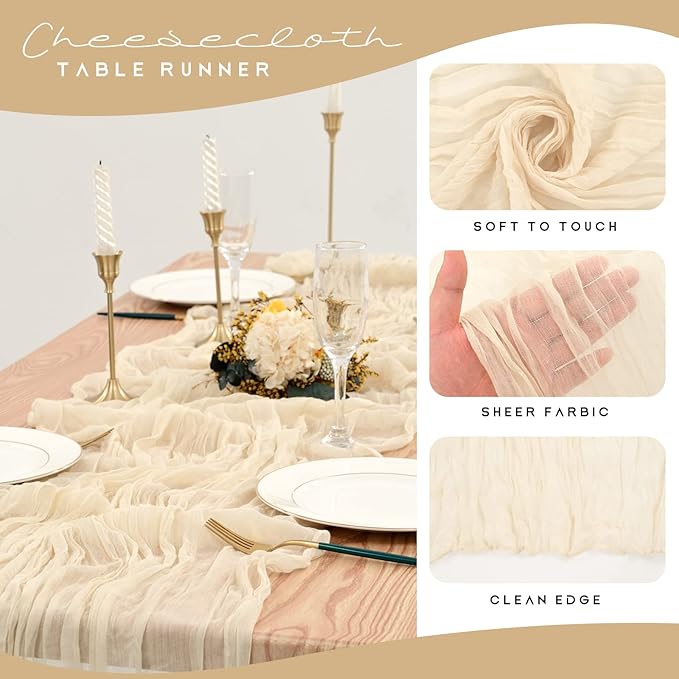 12 Pack Cheesecloth Table Runner 35 x 120 inch Long Boho Cheese Cloth Gauze Table Runners Cream Semi Sheer Table Runner for Wedding Decor, Bridal Shower, Birthday Party (Ivory)