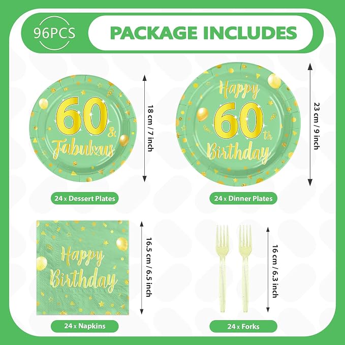 96 Pcs 60th Birthday Decorations for Women Green and Gold 60th Birthday Plates and Napkins Sage Green Tableware Set for Women Men 60 Years Old Party Supplies, Serves 24