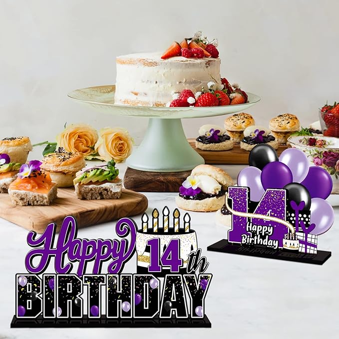 LINGTEER Happy 14th Birthday Purple Acrylic Table Topper Centerpieces Set - Cheers to Fourteen Years Old Birthday 14th Bday Party Gift Decorations.